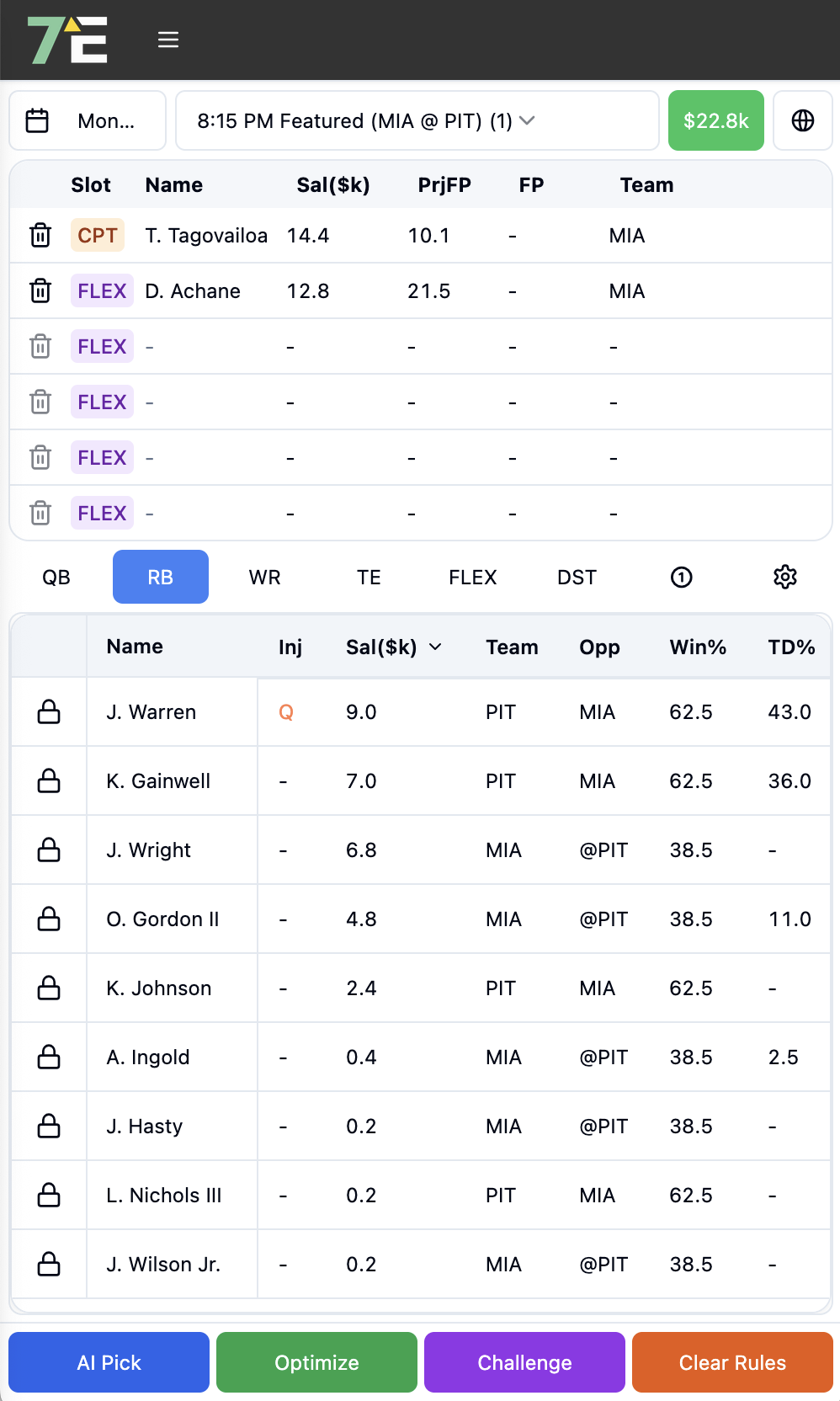 NFL DFS Lineup Builder